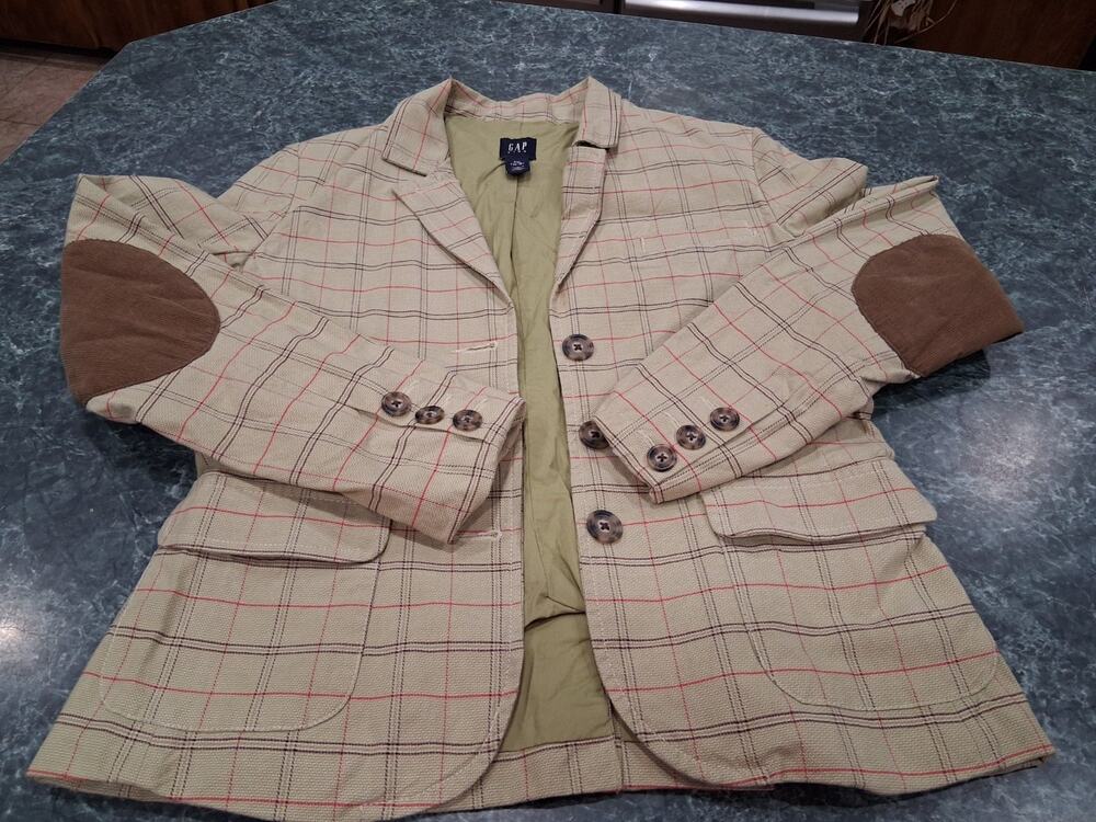 Gap Blazer Girls XXL Green Plaid Elbow Patch Button Front Jacket Womens S Preppy